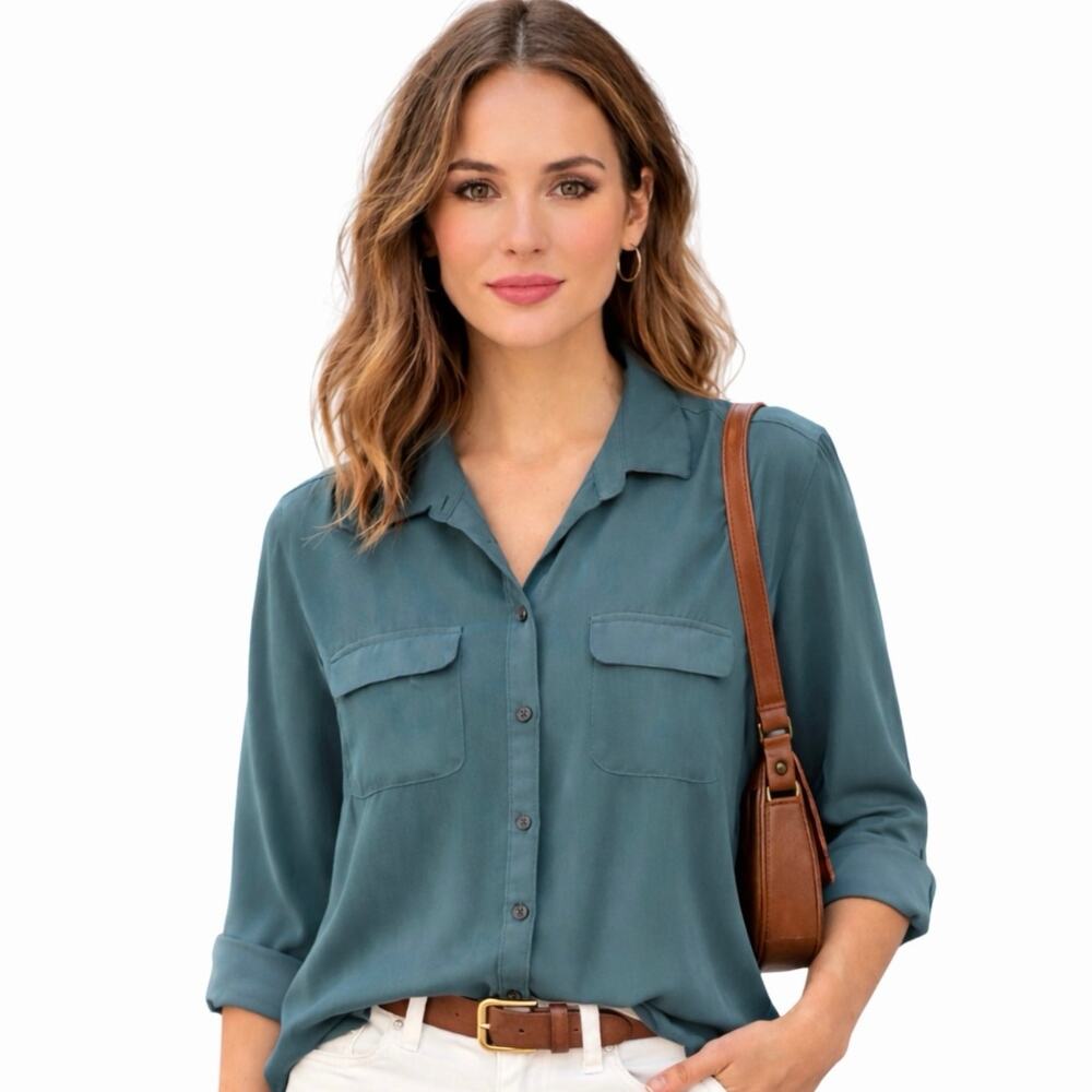 Ann Taylor Loft Petite Small Hunter Green Convertible Sleeve Blouse ButtonUp EUC
